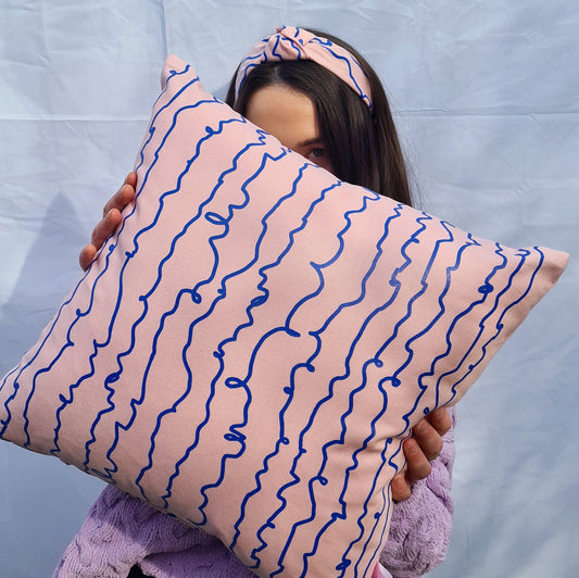 Pink & Blue Cotton Screen Printed Squiggle Patterned Cushion