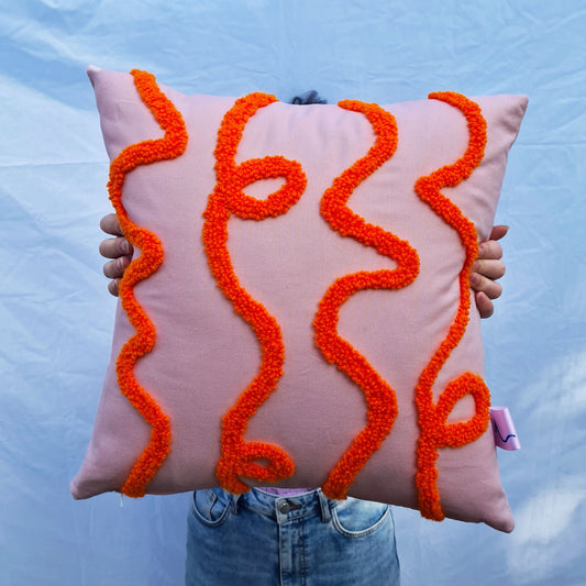 Pink & Orange Cotton Punch Needle Tufted Cushion