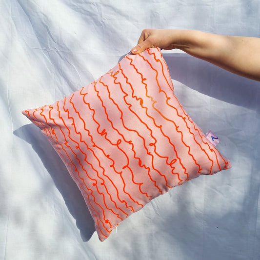 Pink & Orange Cotton Screen Printed Squiggle Patterned Cushion