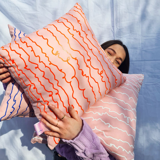 Pink & Orange Cotton Screen Printed Squiggle Patterned Cushion