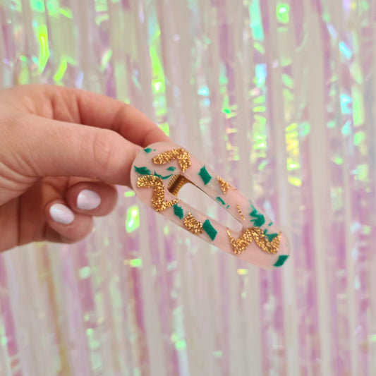Pink with Green and Gold Resin Hair Clip