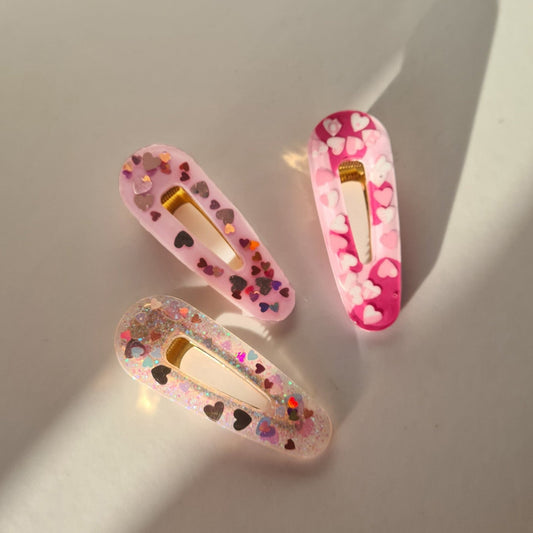 Valentines Resin Hair Clips pink glitter hearts