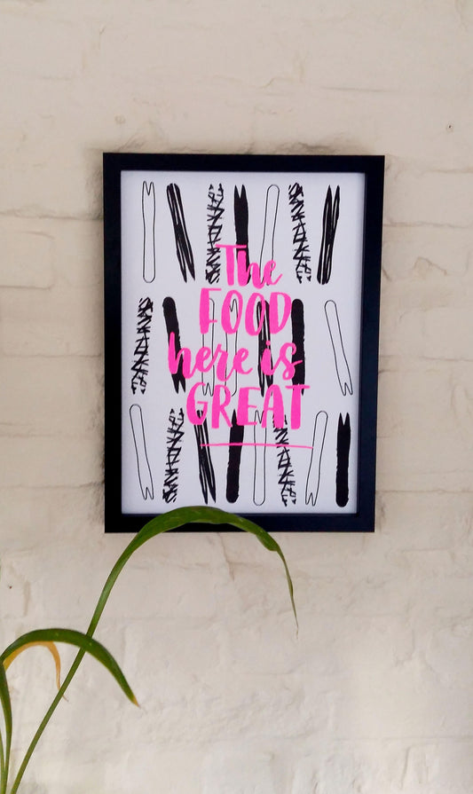 A3 'The Food here is Great' Risograph Art print/ wall art Chip fork Kitchen art