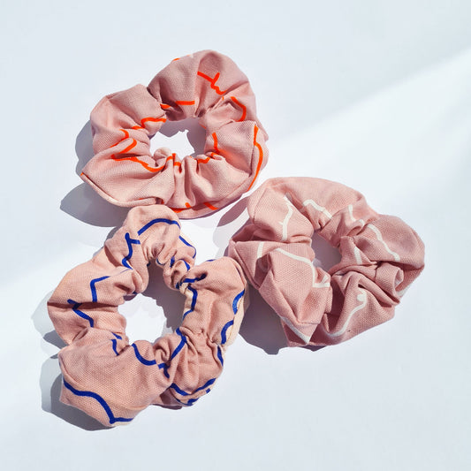 Pink Squiggle Scrunchies in Orange, Blue, White Pattern