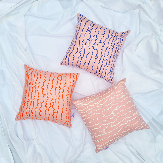 Pink & White Cotton Screen Printed Squiggle Patterned Cushion