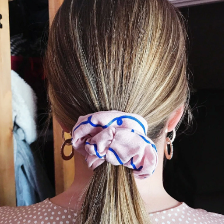 Pink Squiggle Scrunchies in Orange, Blue, White Pattern