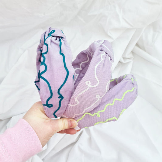 Lilac Corduroy Knot Headband Squiggle Pattern
