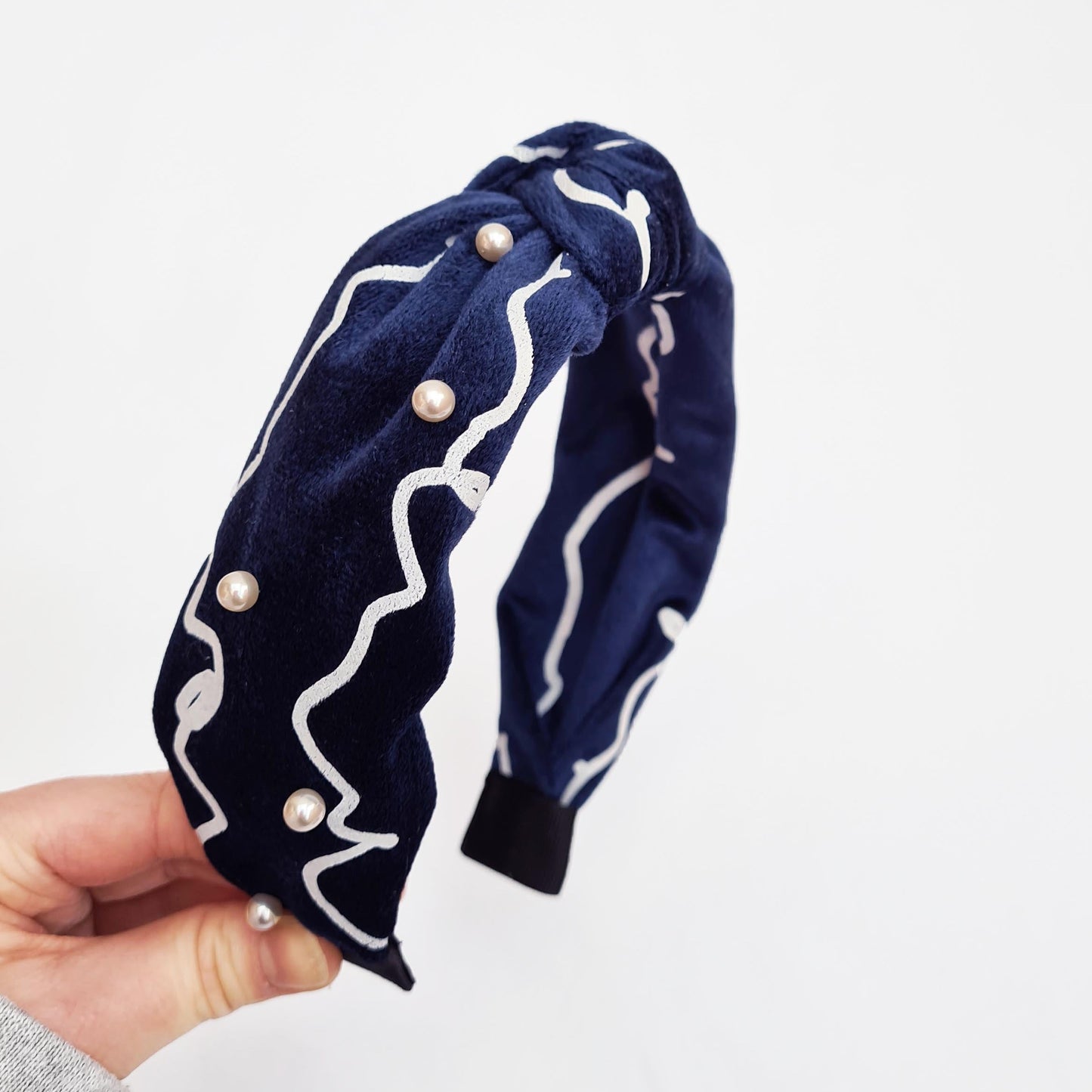 Navy Velvet Knot Pearl Headband